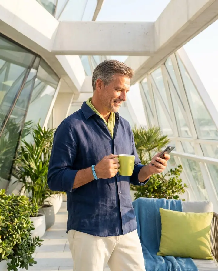 A man in his fifties reading on his phone on a sunlit balcony