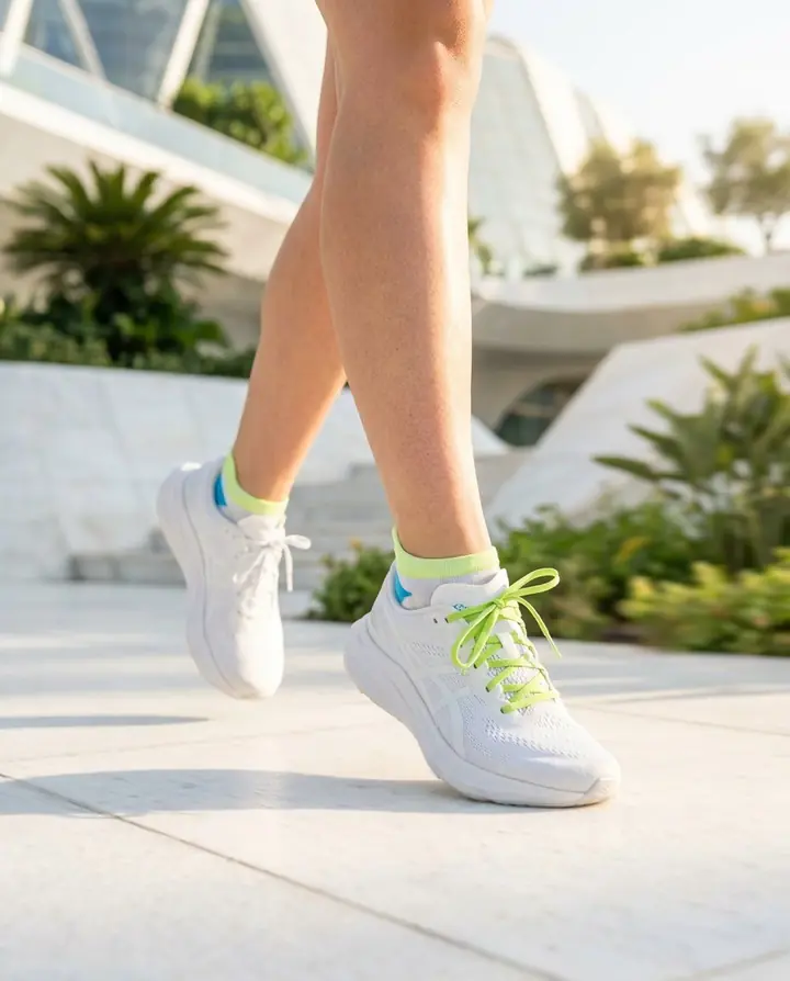 Running shoes mid-stride on a sunlit stone path